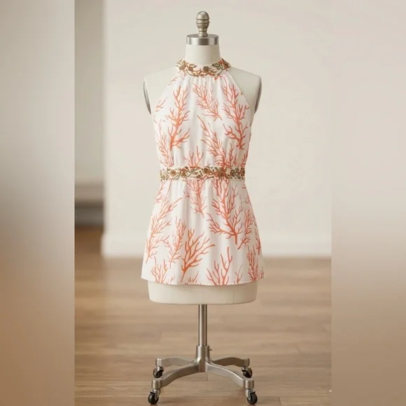 MICHAEL Michael Kors Silk Coral Print Halter Top with Embellished Waist, Size 10 - Picture 1 of 16